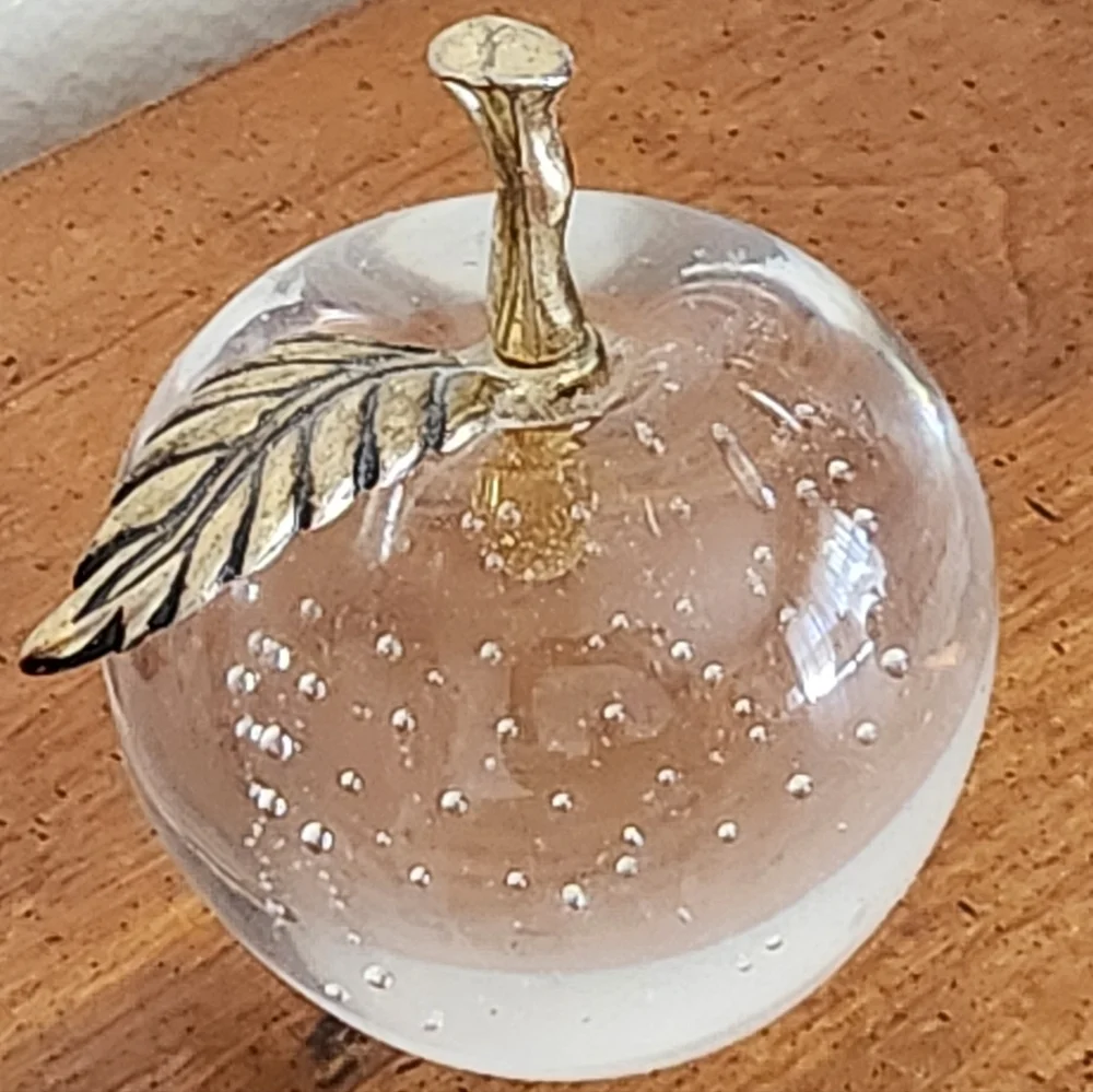 Vintage Bubble Glass/Brass Apple Paperweight